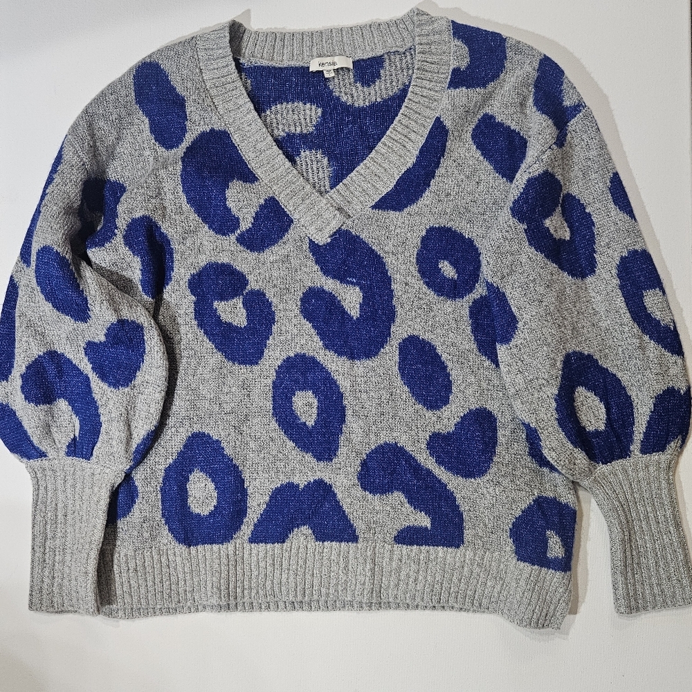 Kensie Animal Print Sweater Womens Large Blue White Leopard Casual Streetwear